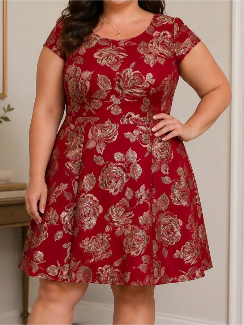 Red Mini Dress with Gold Rose Pattern. 18